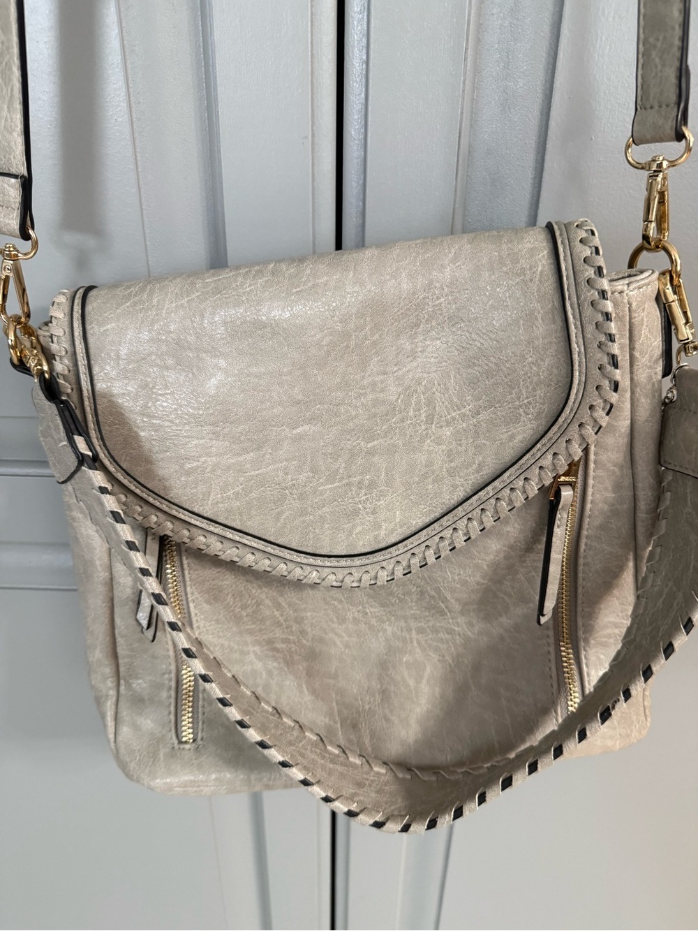 Light Gray Whipstitch Crossbody Bag with Gold Hardware